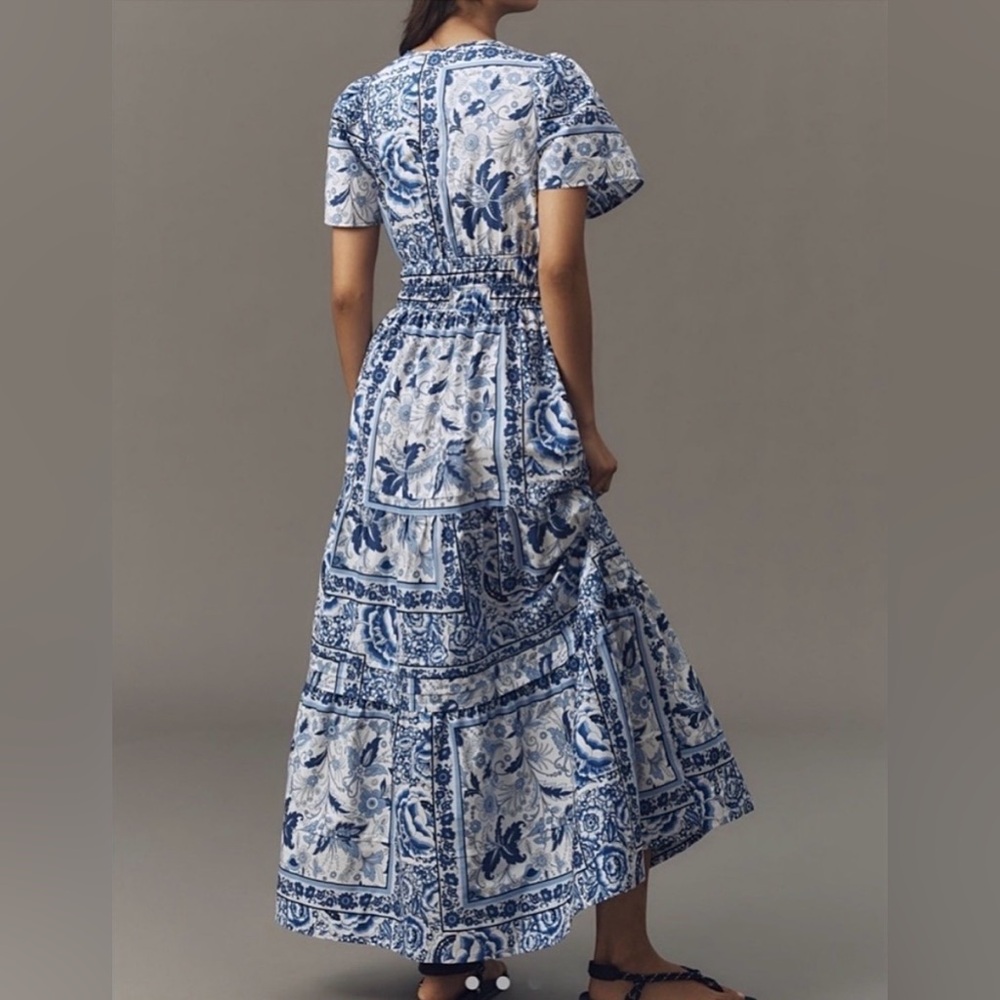 Anthropologie Somerset Maxi Dress Tiered Cotton White Blue Small Petite New - Picture 3 of 3